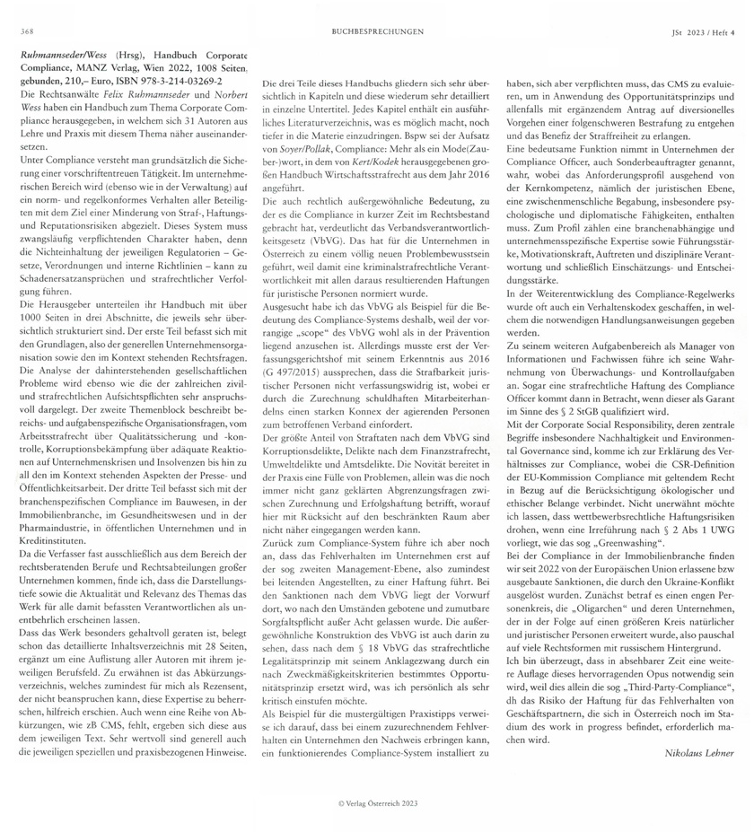 Rezension: Handbuch Corporate Compliance von Ruhmannseder/Wess, Manz Verlage im Journal für Strafrecht Heft 4 07/2023