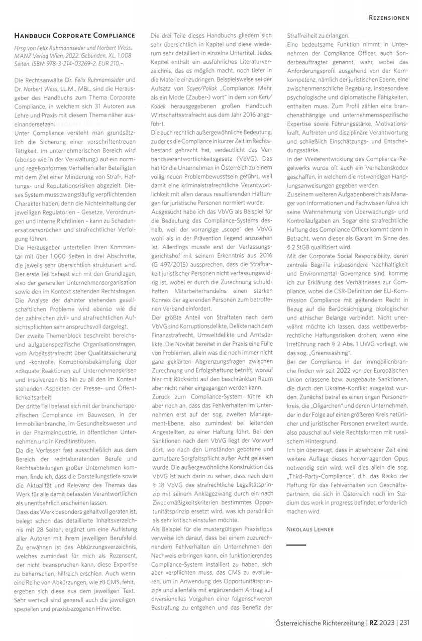 Rezension: "Handbuch Corporate Compliance" von Ruhmannseder/Wess, Manz Verlage in der Österreichischen Richterzeitung 09/2023