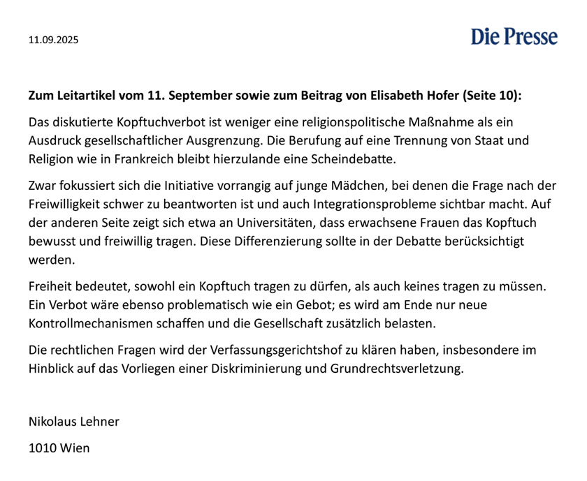 Leserbrief zum Leitartikel vom 11.9. sowie zum Beitrag von Elisabeth Hofer in der Presse