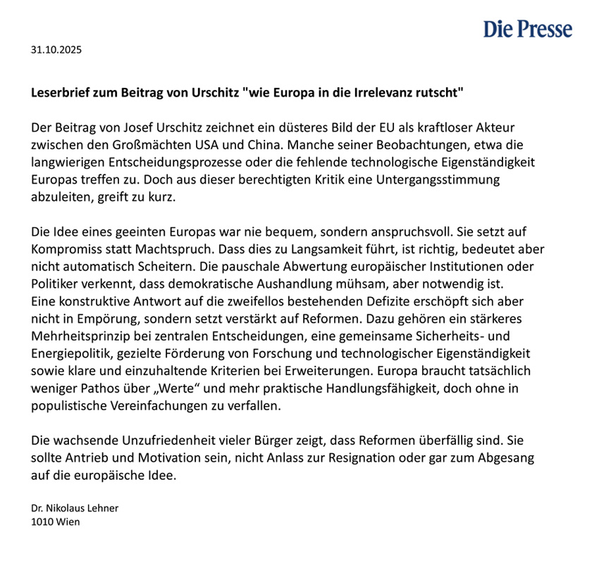 Leserbrief zum Beitrag von Urschitz 