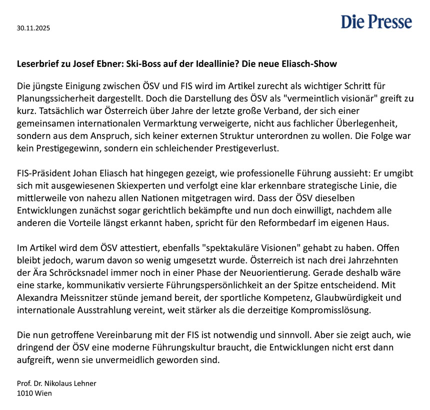 Leserbrief zum Leitartikel vom 30.11.2025 von Josef Ebner 