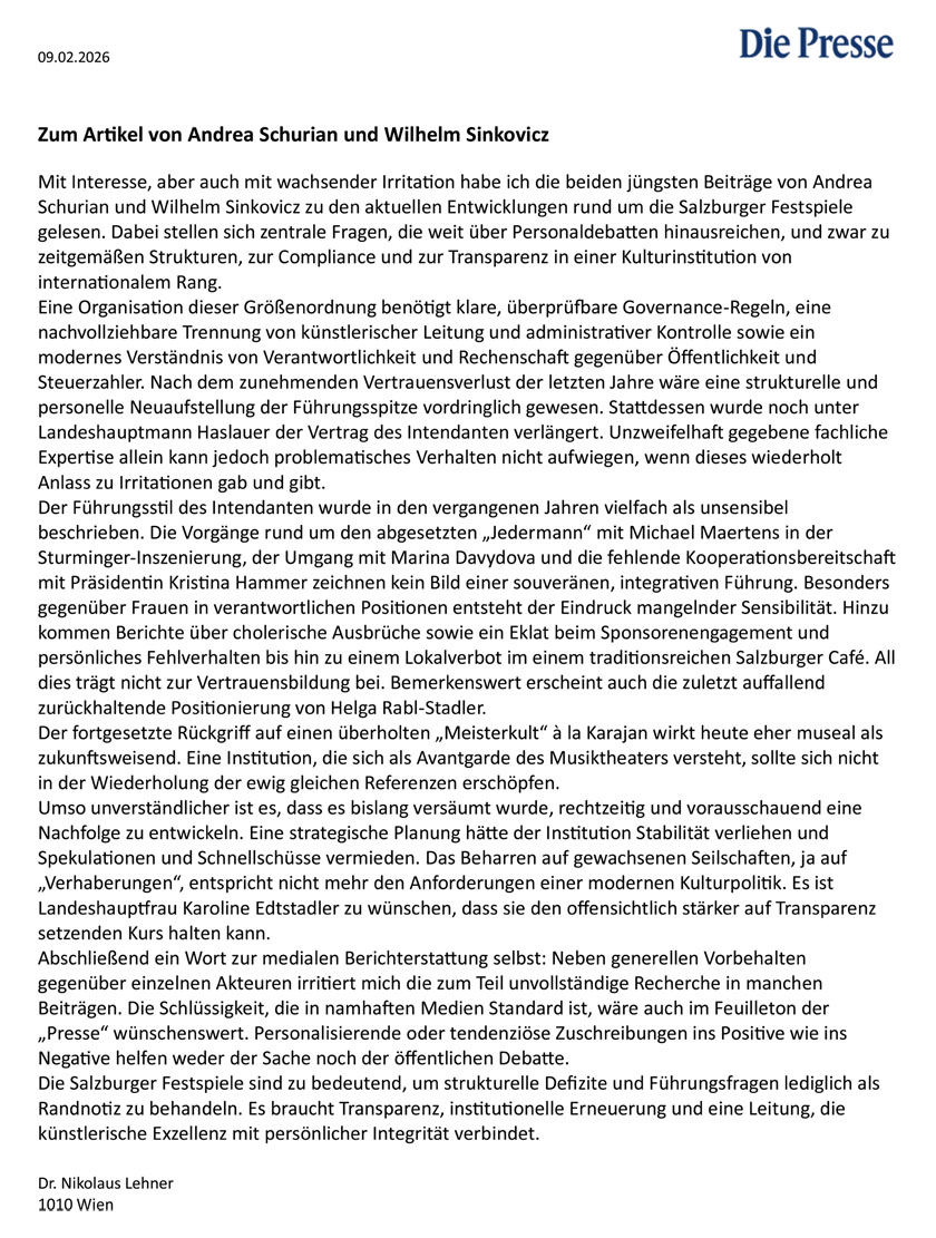 Zum Artikel von Andrea Schurian und Wilhelm Sinkovicz in der Presse