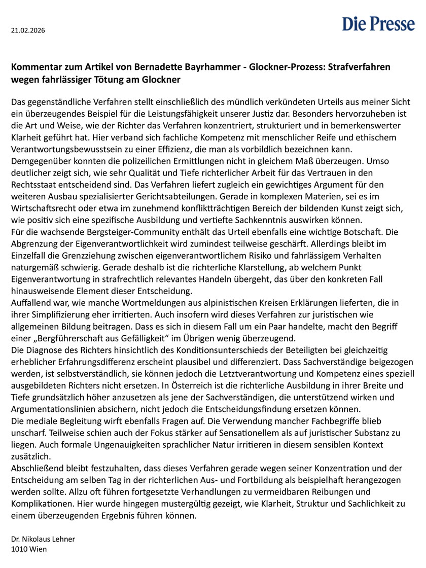 Kommentar zum Artikel von Bernadette Bayrhammer - Glockner-Prozess: Strafverfahren wegen fahrlässiger Tötung am Glockner in der Presse