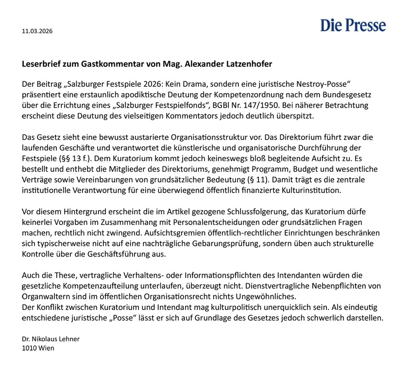 Leserbrief zum Gastkommentar von Mag. Alexander Latzenhofer in der Presse