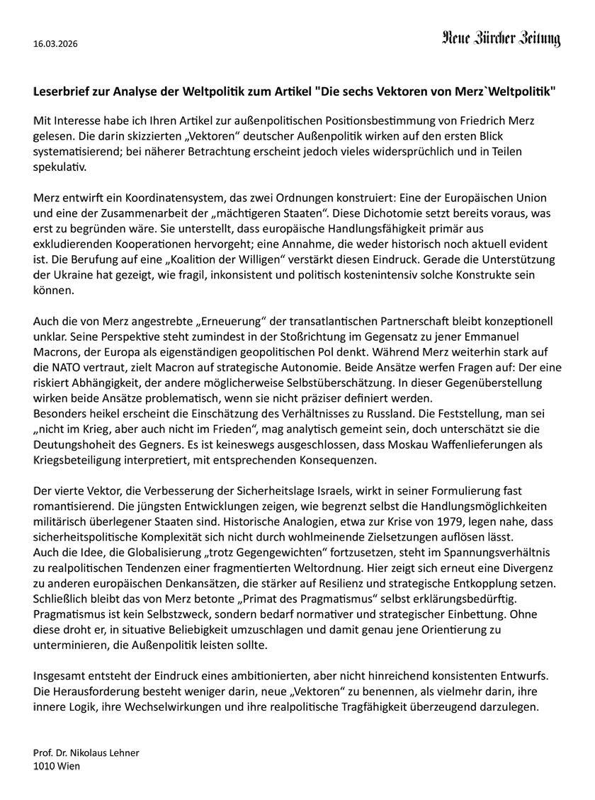 Leserbrief zur Analyse der Weltpolitik zum Artikel 