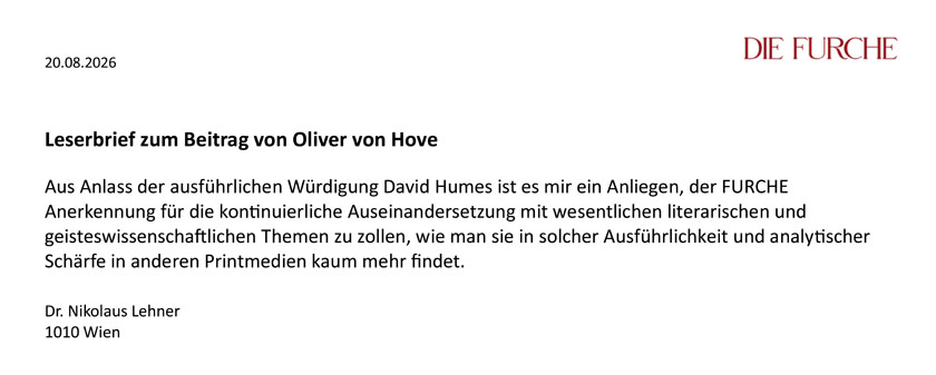 Leserbrief zum Beitrag von Oliver von Hove in der Furche