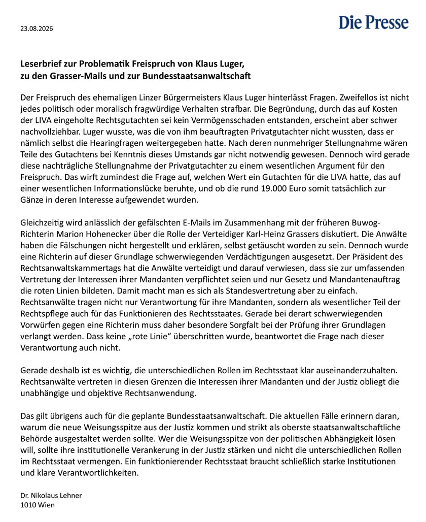 Leserbrief zur Problematik Freispruch von Klaus Luger, zu den Grasser-Mails und zur Bundesstaatsanwaltschaft in der Presse