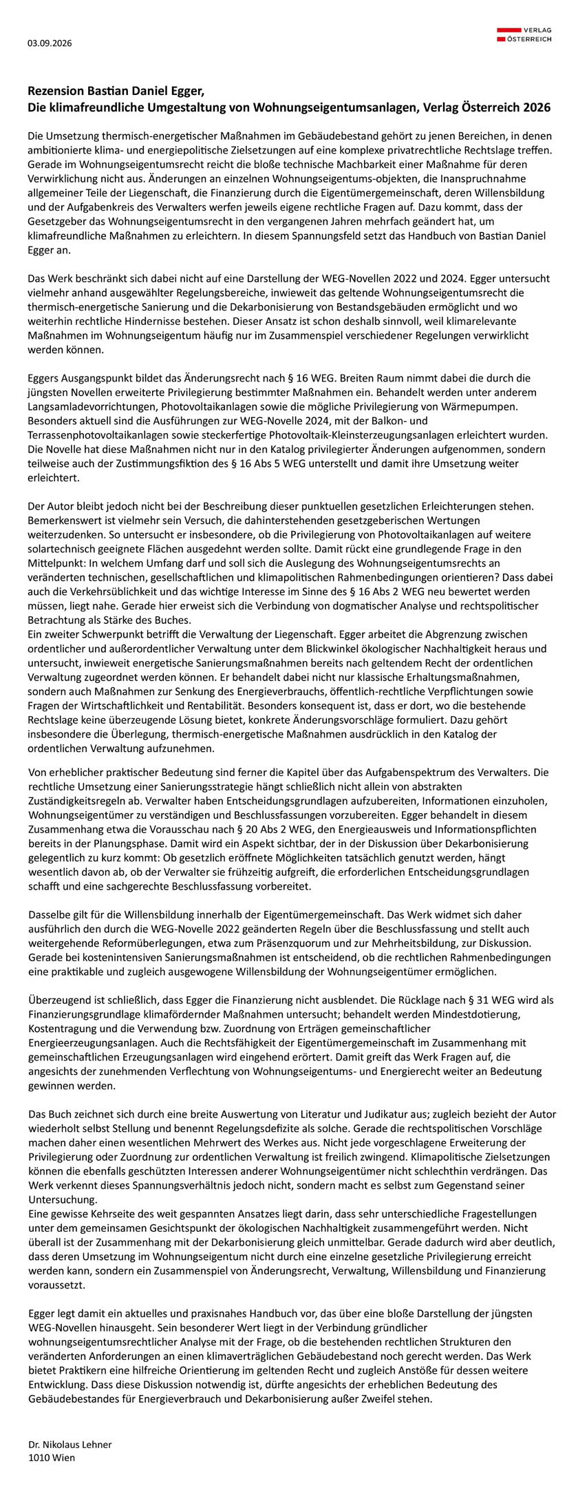 Rezension Bastian Daniel Egger, Die klimafreundliche Umgestaltung von Wohnungseigentumsanlagen, Verlag Österreich 2026