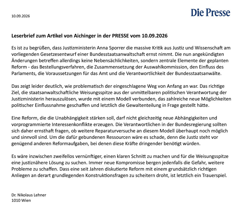 Leserbrief zum Artikel von Aichinger in der Presse