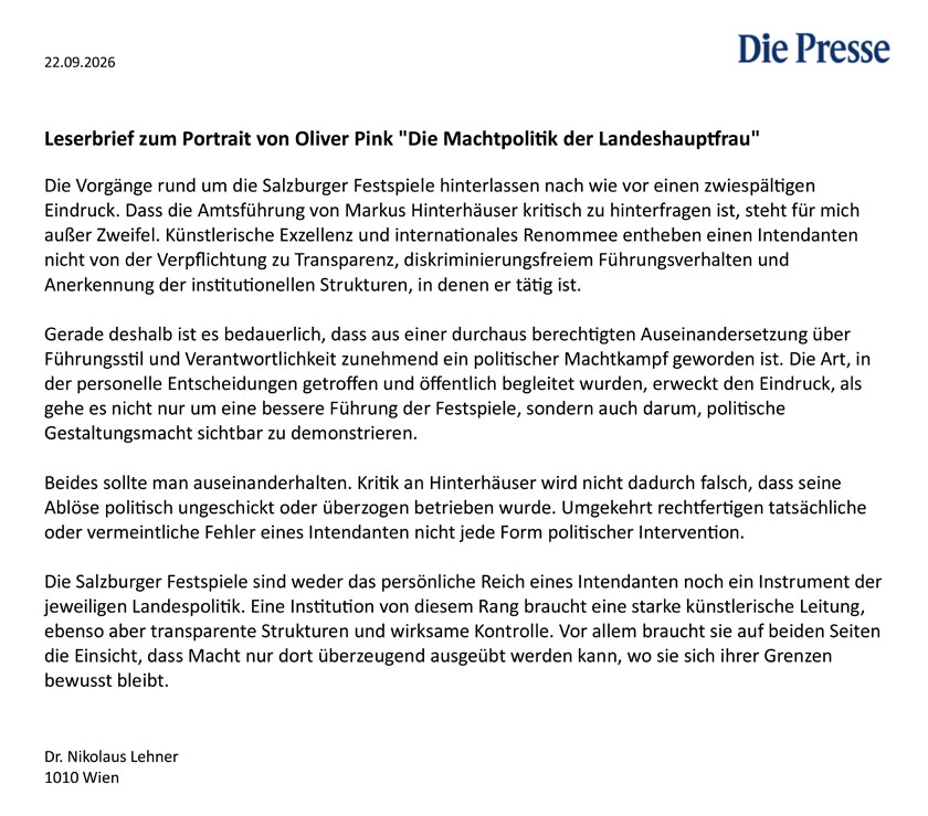 Leserbrief zum Portrait von Oliver Pink 